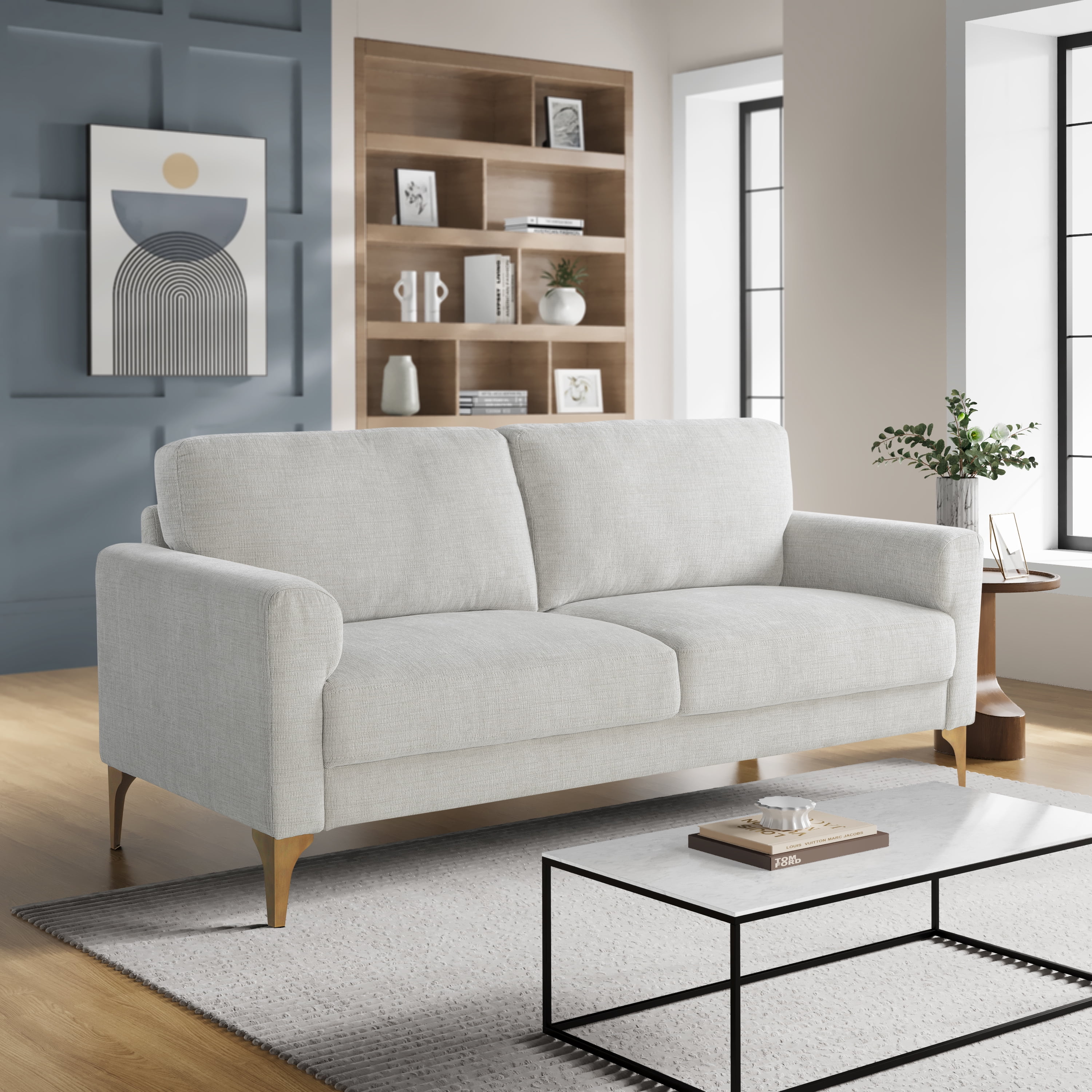 Ivory Fabric Tufted Sofa with Removable Cushions and Gold Legs