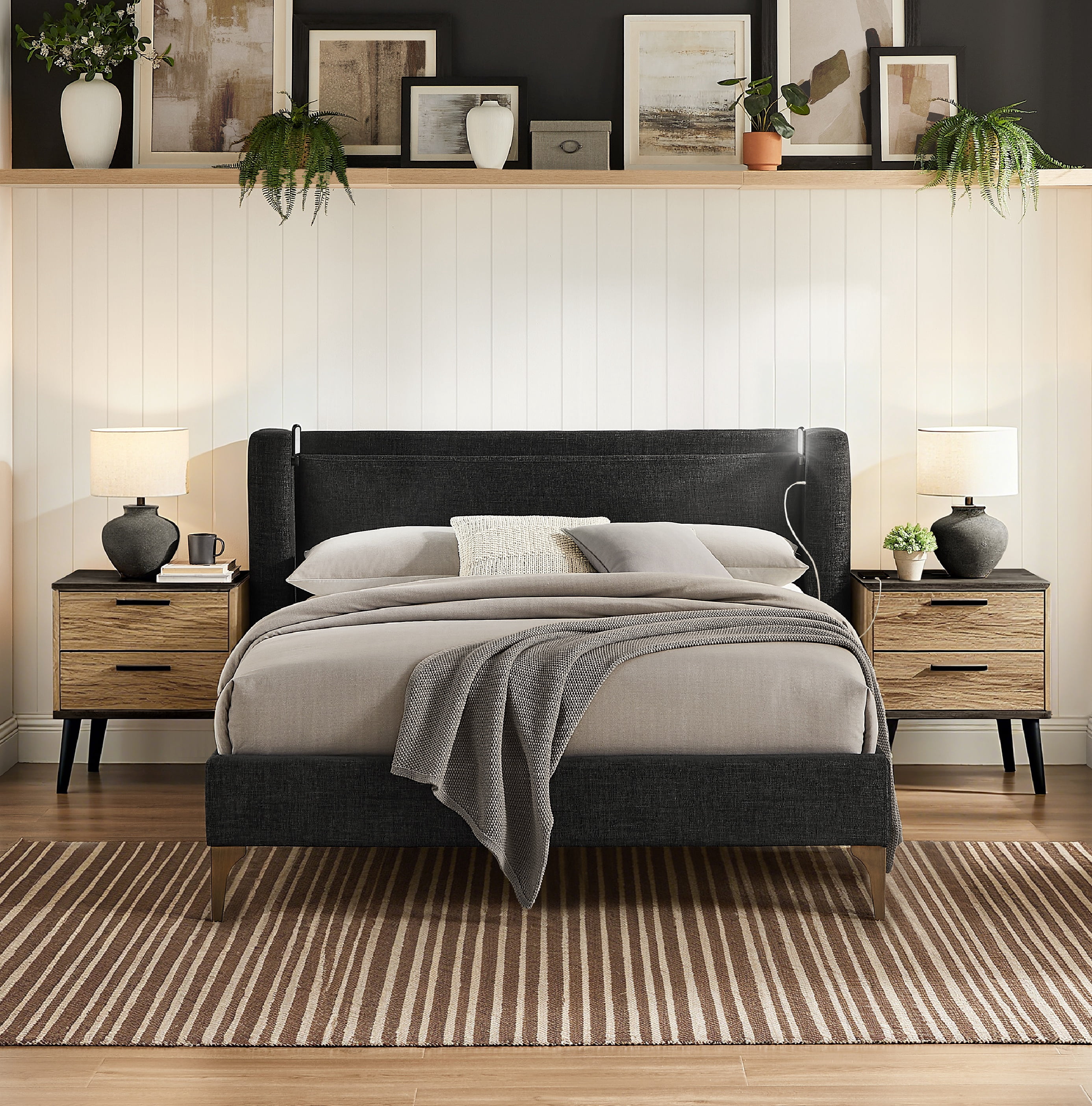 Studio Living Shiloh Upholstered Wingback 41.9" Black Bed Frame, Queen