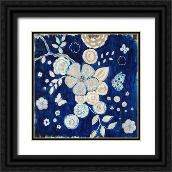 Studio M 12x12 Black Ornate Wood Framed with Double Matting Museum Art Print Titled - Blue Chinoserie Garden2