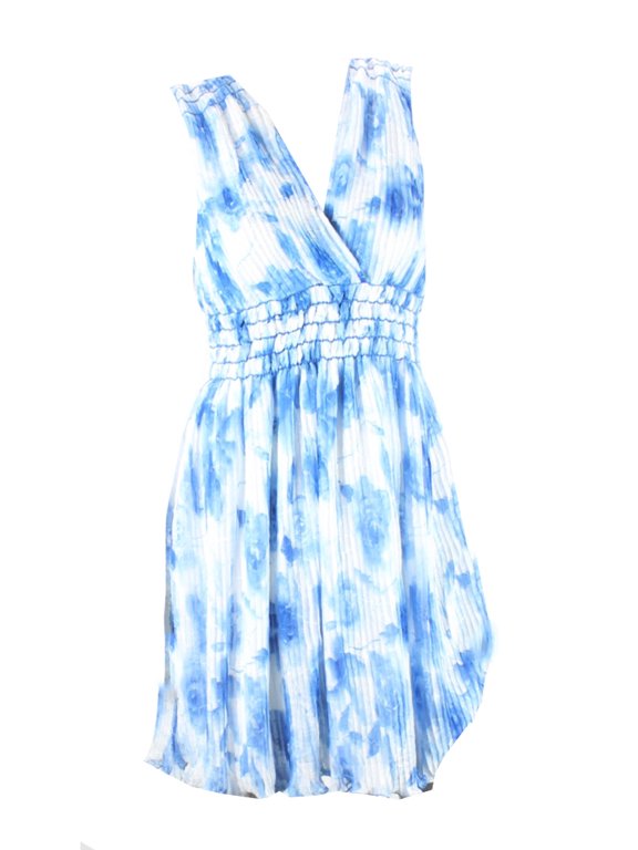 Blue Sleeveless Crinkle Printed Dress M Msrp: