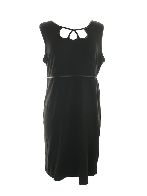 Womens Black Cap-Sleeve Pleather-Trim Cutout Sheath Dress L