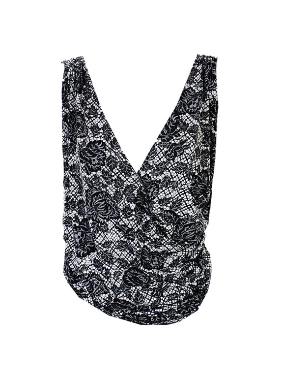 Womens Black Lace-Print Crossover Front Top M