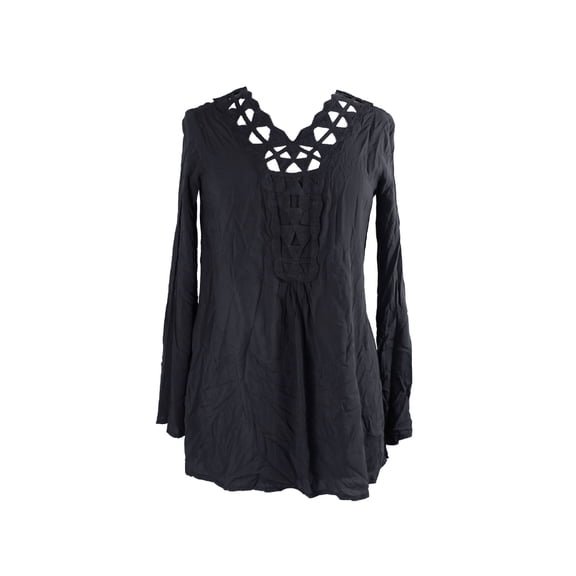 Studio M Womens Black Long-Sleeve Crochet Yoke Habutai Blouse S