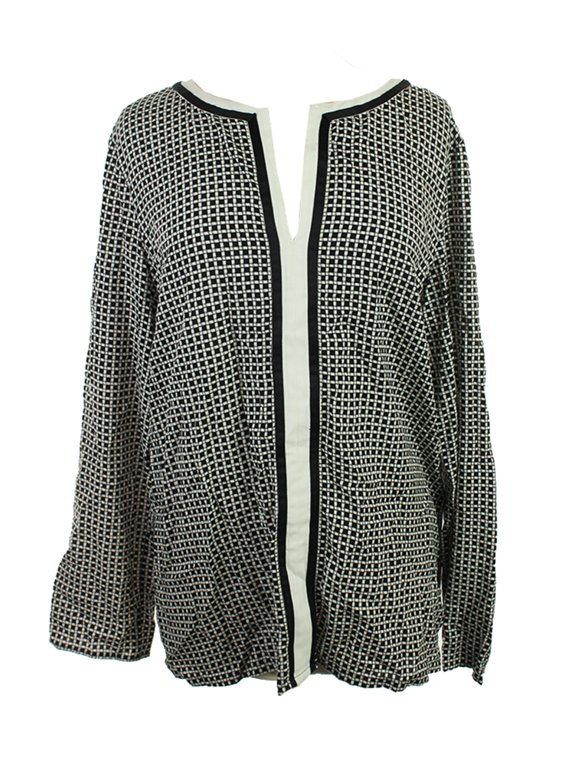 Womens Black Long-Sleeve Geo-Print Split-Neck Blouse XS