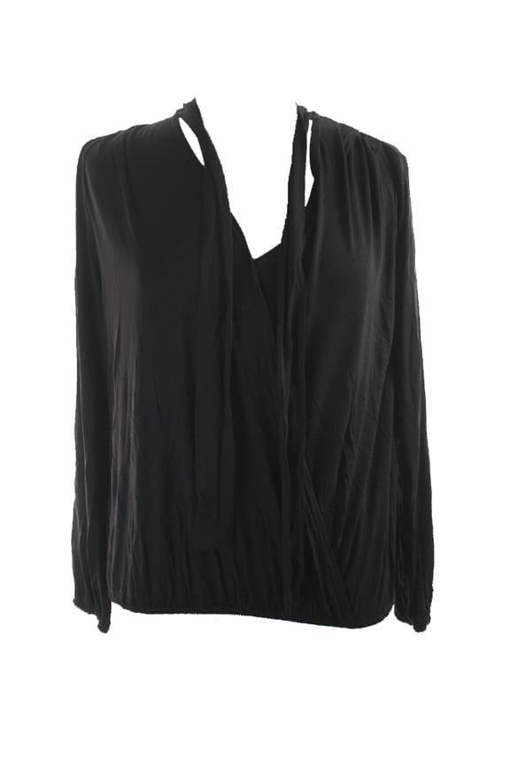 Womens Black Long-Sleeve Tie-Neck Jersey Top XS