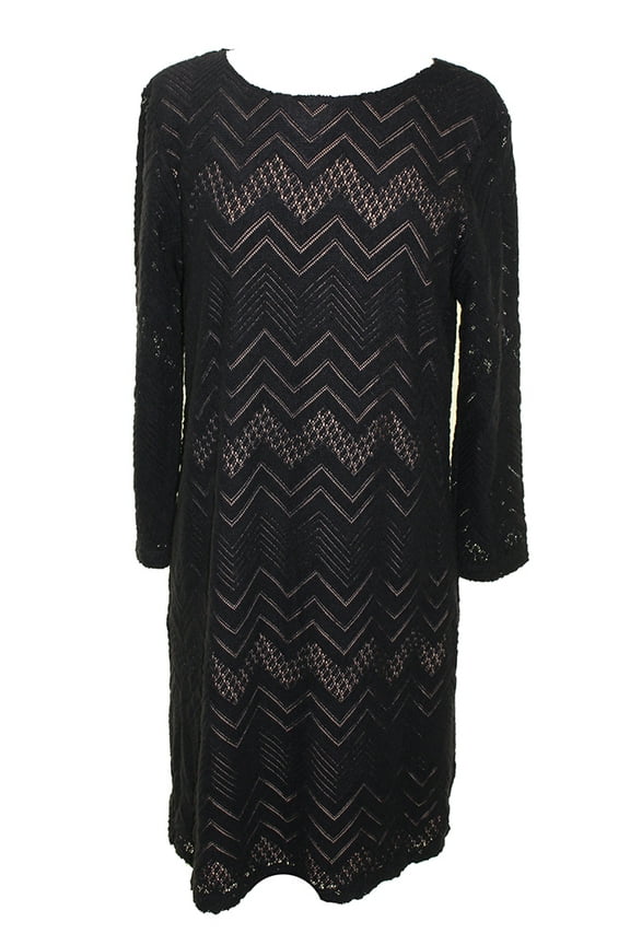 Womens Black Long-Sleeve Zig Zag Laced Dress XS