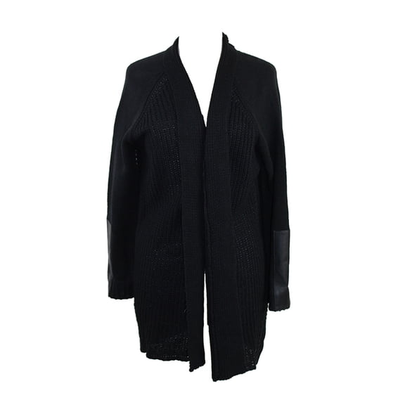 Studio M Womens Black Pleather-Trim Open-Front Cardigan L