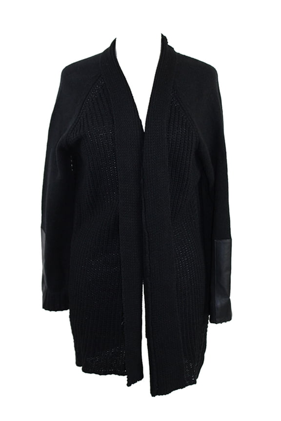Womens Black Pleather-Trim Open-Front Cardigan L