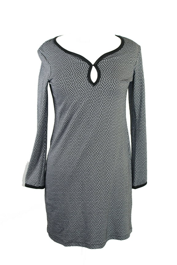 Womens Black White Long-Sleeve Jacquard Keyhole Shift Dress XS