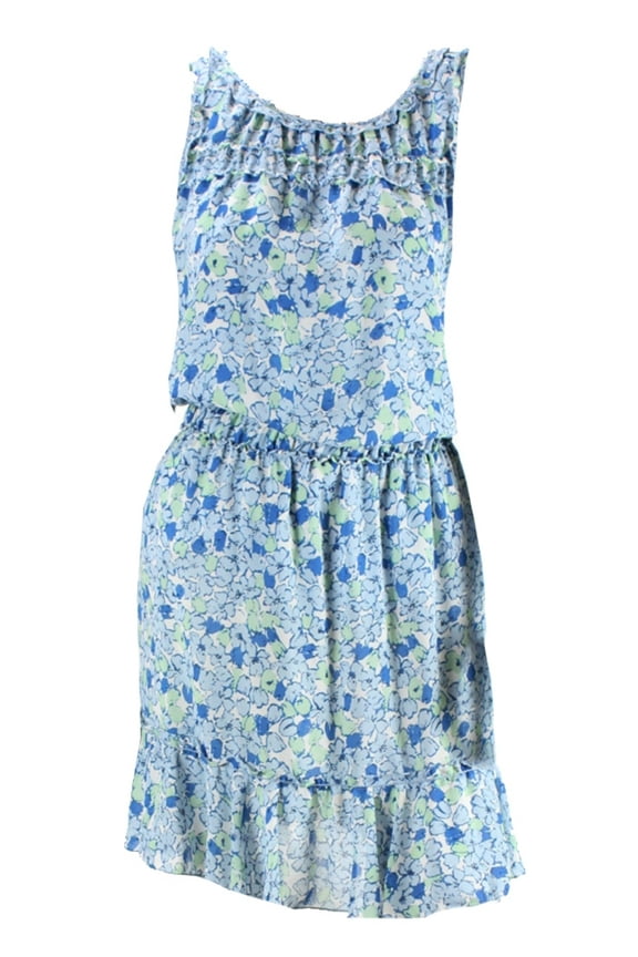 Womens Blue Sleeveless Floral Fit & Flare Dress L
