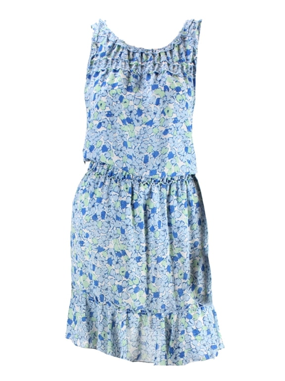 Womens Blue Sleeveless Floral Fit & Flare Dress L