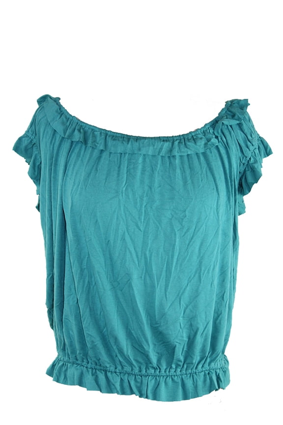 Womens Green Short-Sleeve Ruffle-Trim Top L