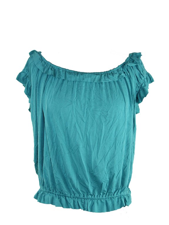 Womens Green Short-Sleeve Ruffle-Trim Top L