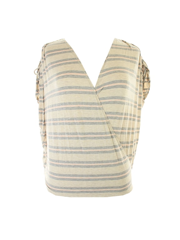 Womens Grey Shoulder-Tie Striped Faux-Wrap Top M