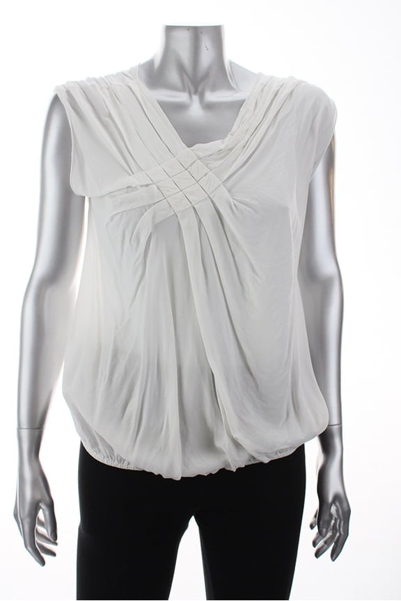 Womens Ivory Cap-Sleeve Geo-Pleated Front Top M