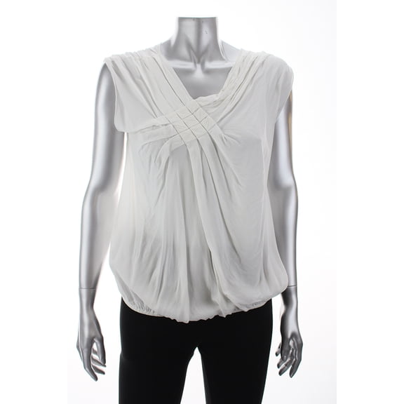 Studio M Womens Ivory Cap-Sleeve Geo-Pleated Front Top M