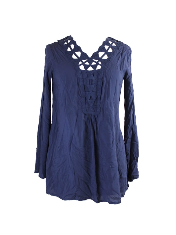 Womens Navy Long-Sleeve Textured Yoke Habutai Blouse XS