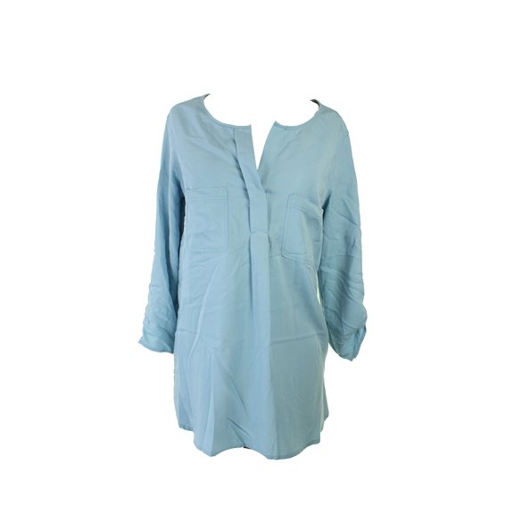 Studio M Womens Soft Blue Tab-Sleeve Pocketed Blouse S