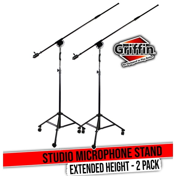 Studio Microphone Boom Stand with Wheels (2-PACK) by GRIFFIN | Professional Telescoping Mic Holder for Recording & Stage | Tall Adjustable Arm Mount & Retractable Tripod Legs on Casters