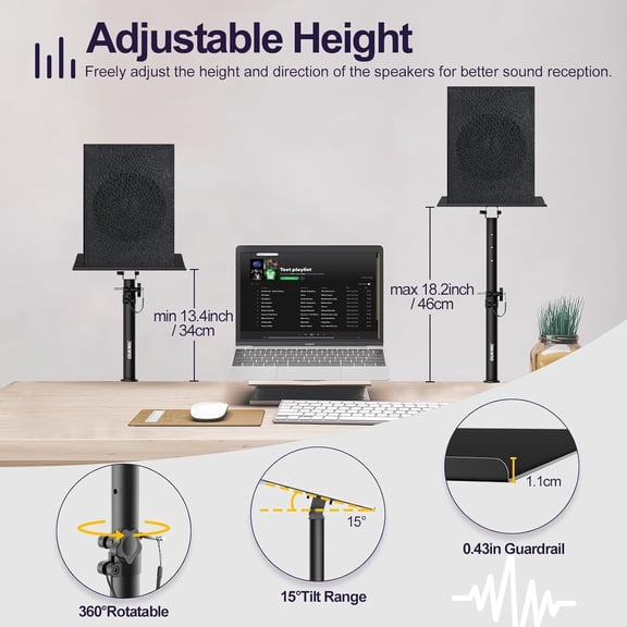 Studio Monitor Stands Clamp On Desktop Speaker Stand Pair Heavy Duty Riser Tilt Height Adjustable  Music Booth Desk Audio Mount Tray for Subwoofer Surround Sound Bookshelf Laptop