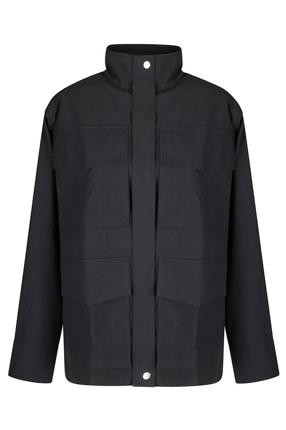 Military-Inspired Black Multi-Pocket Jacket With High Collar (Women's)