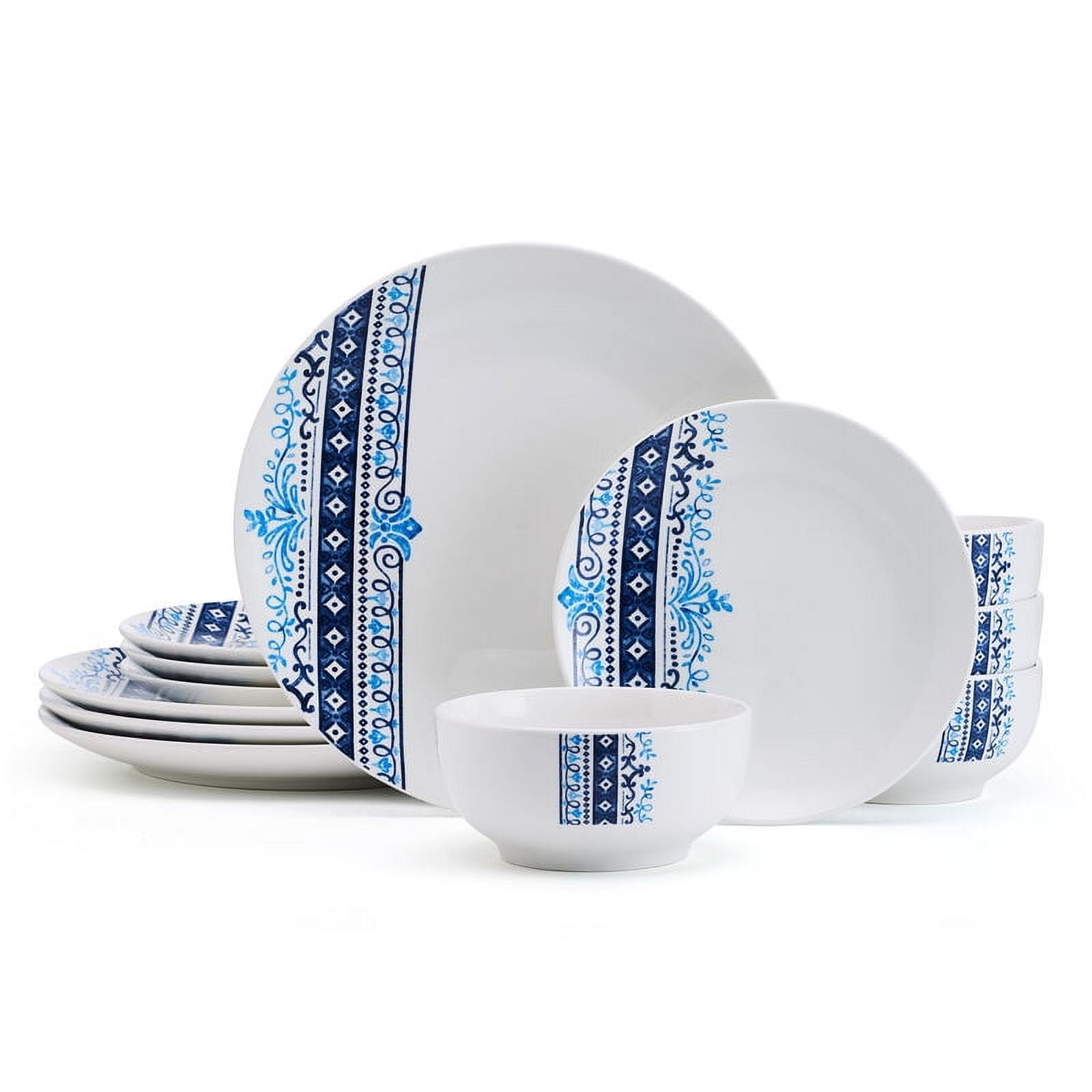 White and Blue Porcelain Round Dinnerware Set, Service for 4