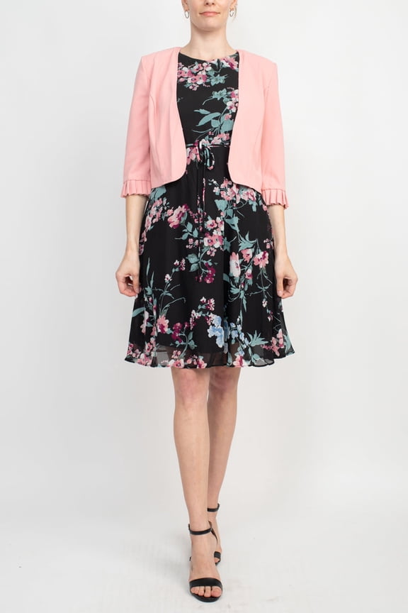 Crew Neck Sleeveless Tie Waist Floral Print Chiffon Dress with 3-4 Sleeve Textured Bolero-BLUSH BLACK / 4P