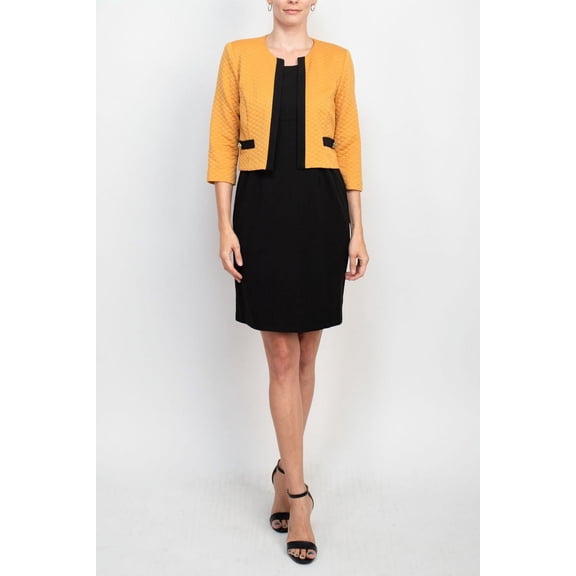 Studio One scoop neck sleeveless bodycon zipper back solid stretch crepe dress with ¾ open front quilted jacket by Curated Brands