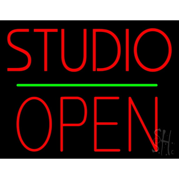 Studio Open Block Green Line LED Neon Sign 24 x 31 - inches, Clear Edge Cut Acrylic Backing, with Dimmer - Bright and Premium built indoor LED Neon Sign for art gallery, and exhibition.