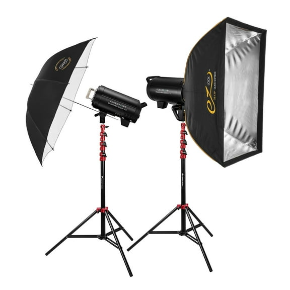 Flashpoint Studio Pro 800 III-V 800W R2 Flash 2-Light Kit with LED Lamp, Bundle with Stands, Softbox and Umbrella