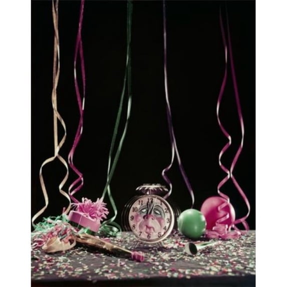 Studio Shot of Alarm Clock with Party Horn Blowers & Confetti Poster Print - 18 x 24 in.