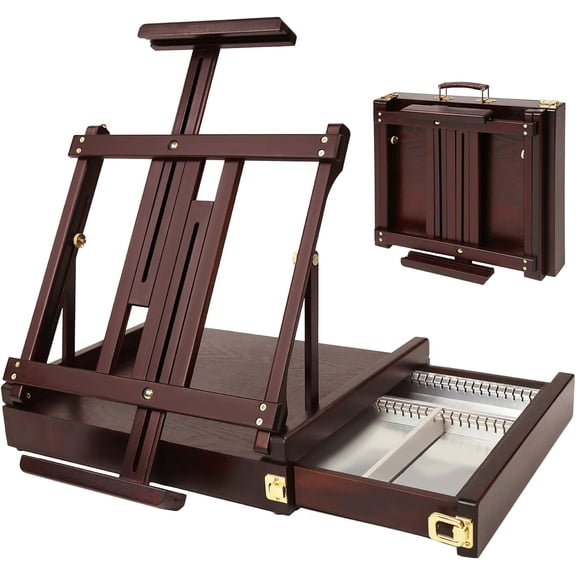 Studio Sketchbox Table Easel with Metal Lined Drawer - Adjustable Solid Beech Wood Tabletop Easel & Sketchbox Artist Easel with Storage for Studio or Plein Air - Holds Max 34" Deep Walnut