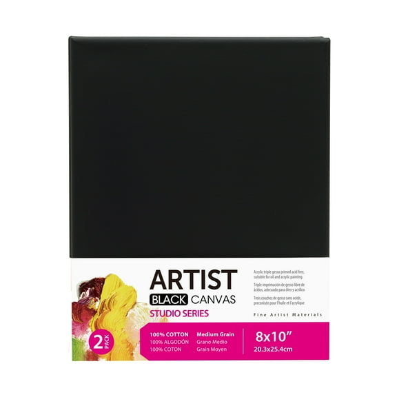 Studio Stretched Canvas, 100% Cotton Acid Free Black Canvas, 8"X10", 2 Pieces, Academic Canvas, Great Chioce for Beginners and Hobbyists of All Skill Levels.