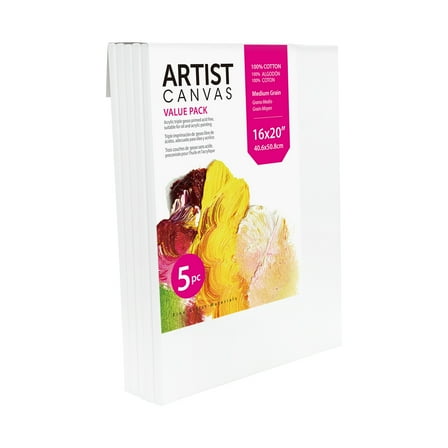 Studio Stretched Canvas, 100% Cotton Acid Free White Canvas, 16"x20", 5 Pieces, Academic Canvas, Great Chioce for Beginners and Hobbyists of All Skill Levels.