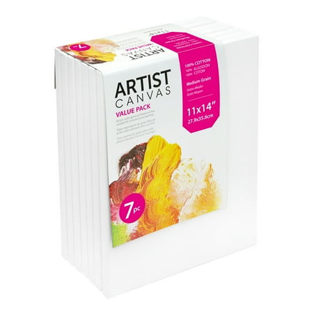 Studio Stretched Canvas, 11"X14", 7 Pack, 100% Cotton Acid Free, White, Academic Canvas, For All Skill Levels