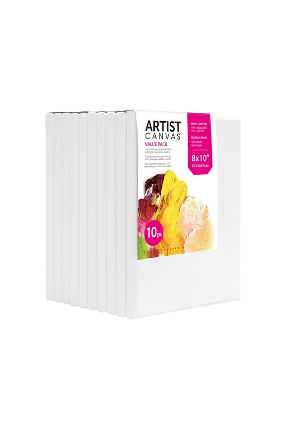 Studio Stretched Canvas, 8"X10", 10 Pack, 100% Cotton Acid Free, White, Academic Canvas, For All Skill Levels