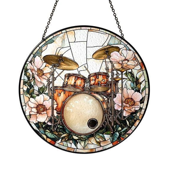Studio Style Drum Set Stained Glass Window Suncatcher, Round Floral Music Panel for Creative Home Decoration