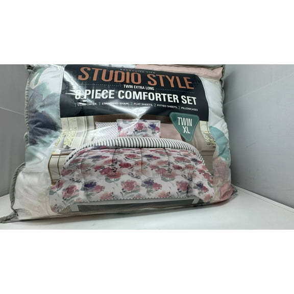 Studio Style Twin XL 8-Piece Comforter Set Reversible Floral Bedding with Sheets & Pillowcases, Machine Washable, Soft Microfiber Pink, Aqua & Gray