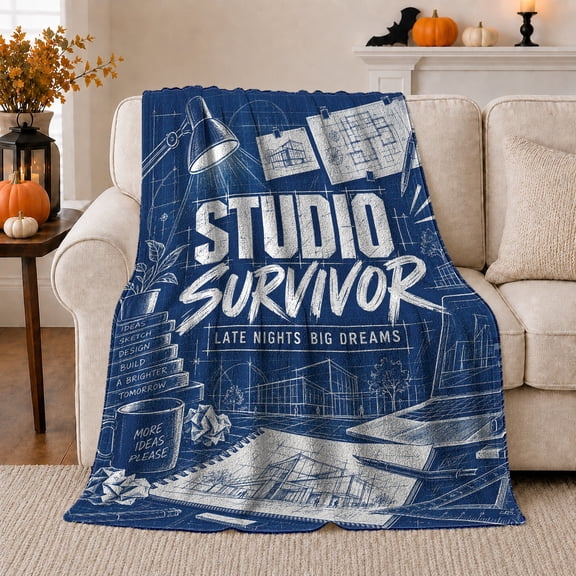 Studio Survivor Late Night Architecture Blueprint Motivational, Cozy Typography Art Scene, Warm Flannel Blanket for Living Room and Reading Nook, Art Lovers Thanksgiving Gift, Artistic Home Decor