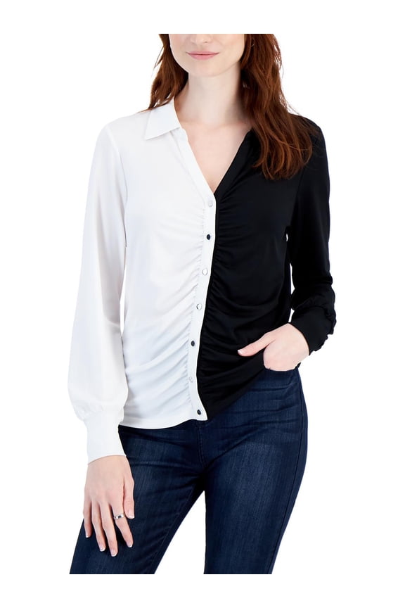 JPR Studio Womens Printed Ruched Button Front Top Black White Colorblock XS