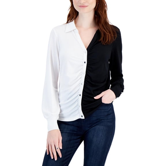 JPR Studio Womens Printed Ruched Button Front Top Black White Colorblock XS