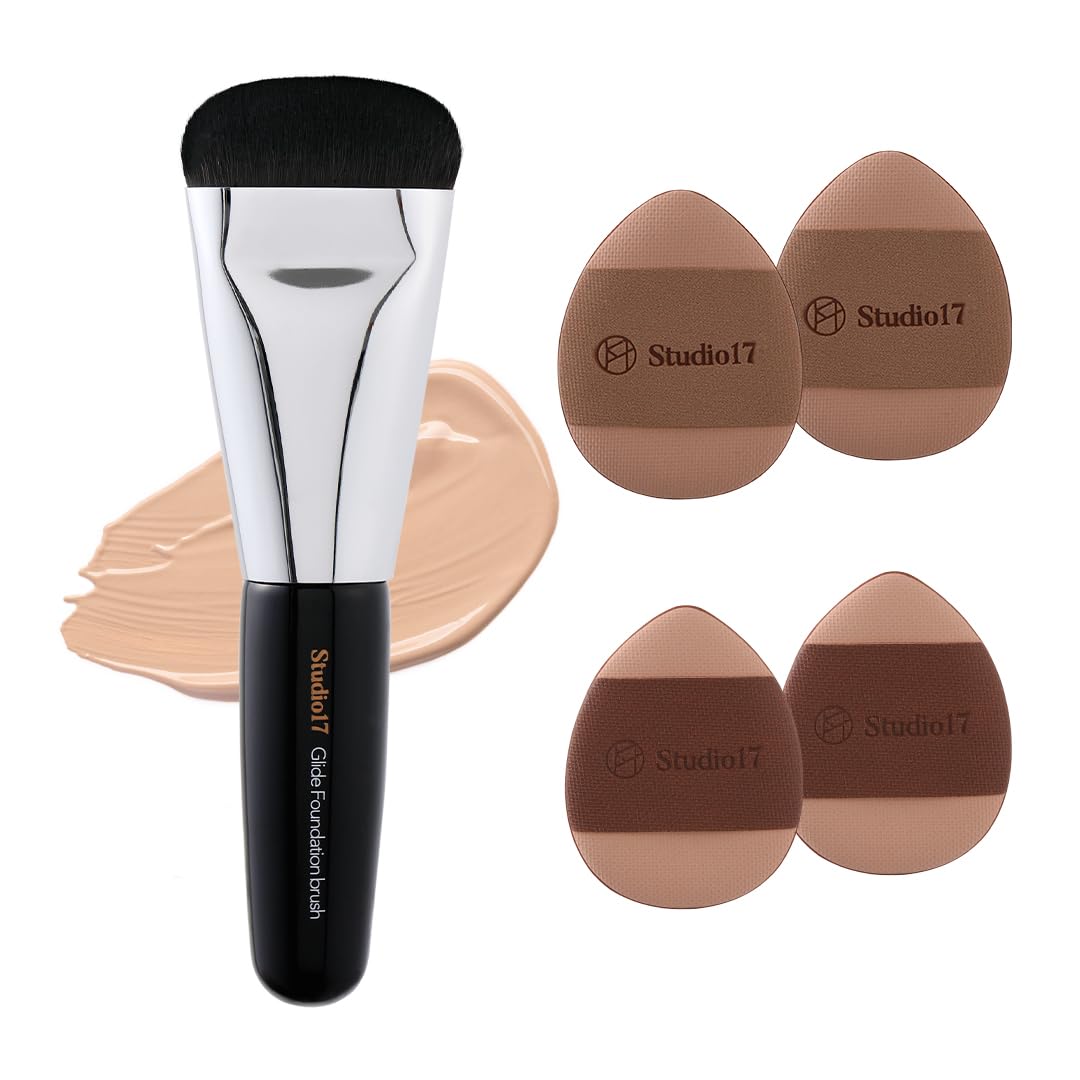 Flat Puff Studio17 Flat Foundation Brush & Small Puff Set | Small Makeup Brush ...
