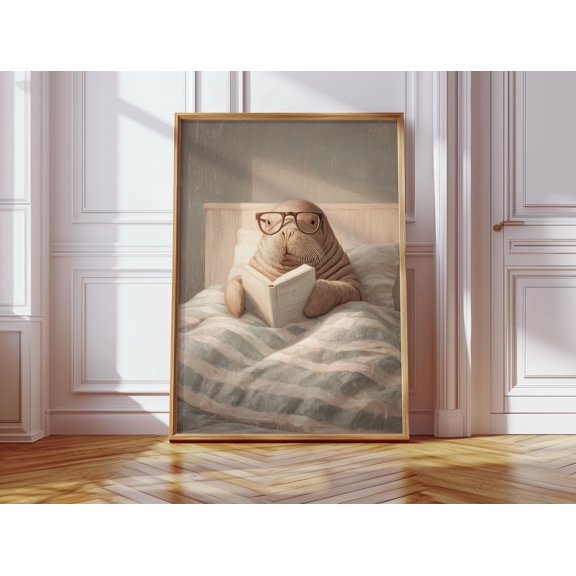 Studious Walrus Reading Book With Glasses In Cozy Bed Print, Whimsical Animal Art , Poster Print Only