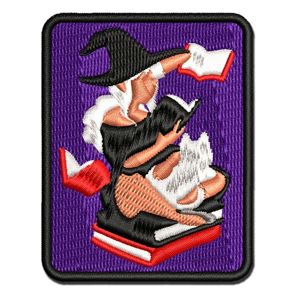Studious Witch Reading Books with Cat Halloween Applique Multi-Color Embroidered Iron-On Patch - 2.5 Inch Small