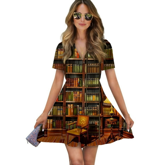 Study Bookshelf Women Dress V-Neck Short Sleeve Flowy Swing Party Midi Dress