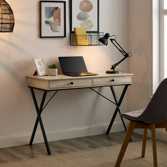 Study Desk with 2 Drawers for Kids, Home Office Computer Desk with X-Shaped Steel Legs and MDF Table Top for Living Room Bedroom, Easy Assembly, Space Saving Table, Oak