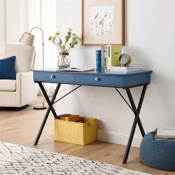 Study Desk with 2 Drawers for Kids, Home Office Computer Desk with X-Shaped Steel Legs and MDF Table Top for Living Room Bedroom, Easy Assembly, Space Saving Table, Blue