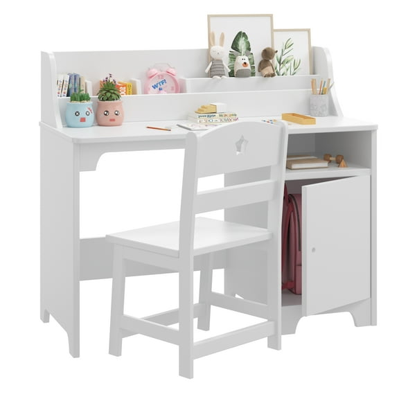 Study Desk with Chair, Desk and Chair Sets with Hutch and Storage Cabinet, Wooden Children Study Table, Student Writing Table Computer Workstation for 3-12 Years Old