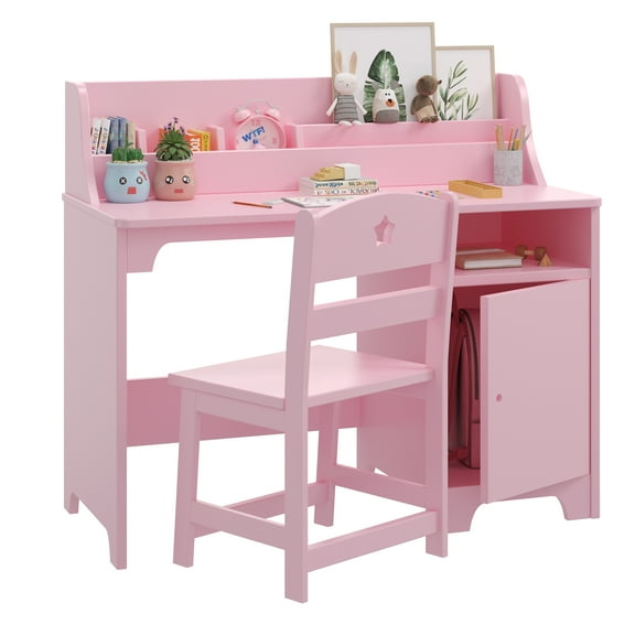Study Desk with Chair, Desk and Chair Sets with Hutch and Storage Cabinet, Wooden Children Study Table, Student Writing Table Computer Workstation for 3-12 Years Old