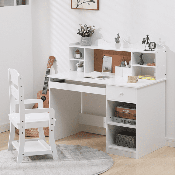 Study Desk and Chair Set, Learning Desk for Kids - Features Bulletin Board, Keyboard Drawer, Open Shelves and Storage Space- Perfect for Children Ages 3-8